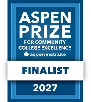 Blue Aspen Prize for Community College Excellence badge with Finalist 2027 and Aspen Institute logo, detailing recognition of CVTC for the Aspen Prize.