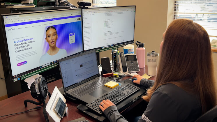 Person at desk with dual monitors and laptop, viewing AI video site and editing a document.