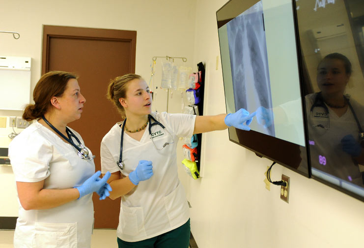 Two female respiratory therapy students look at xray of lungs.