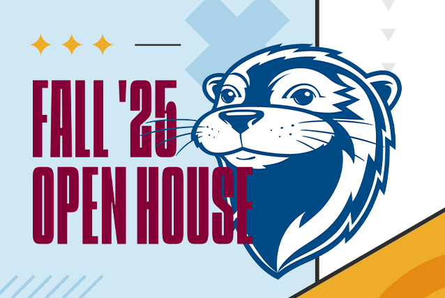Fall '25 Open House with a stylized otter mascot, stars, and geometric decorations