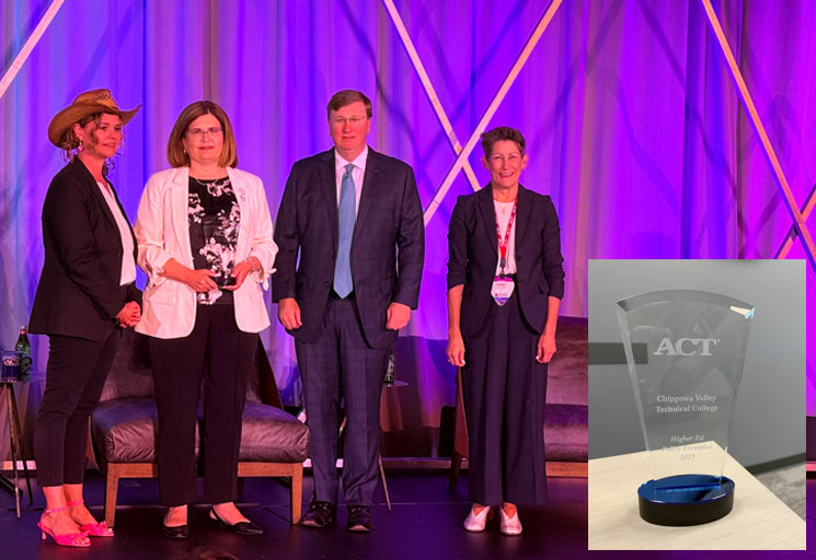 ACT and CVTC executives, three women and one man, with a photo inset of a glass award.