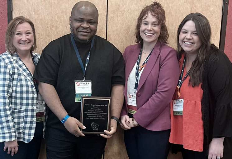 Chukwunonso Offiah, second from left, stands with CVTC Respiratory Therapy Program Director Kirsten Holbrook to his right, and two fellow classmates to his left, at the Wisconsin Society for Respiratory Care (WSRC) Conference recently, where he was named the 2026 WSRC Student of the Year.