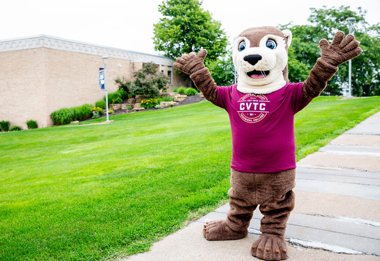 CVTC mascot Ollie in front of the Business Education Center.