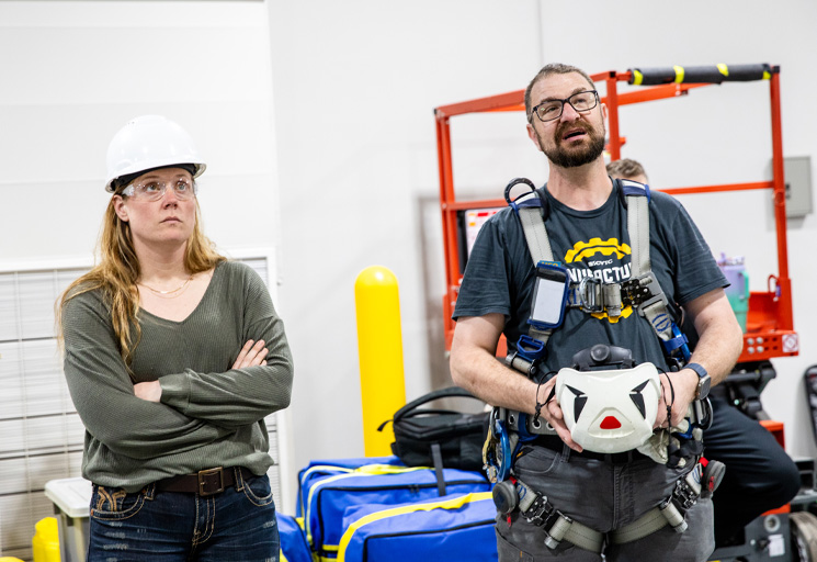 CVTC safety trainer watches as students participate in the Safety Training Center.